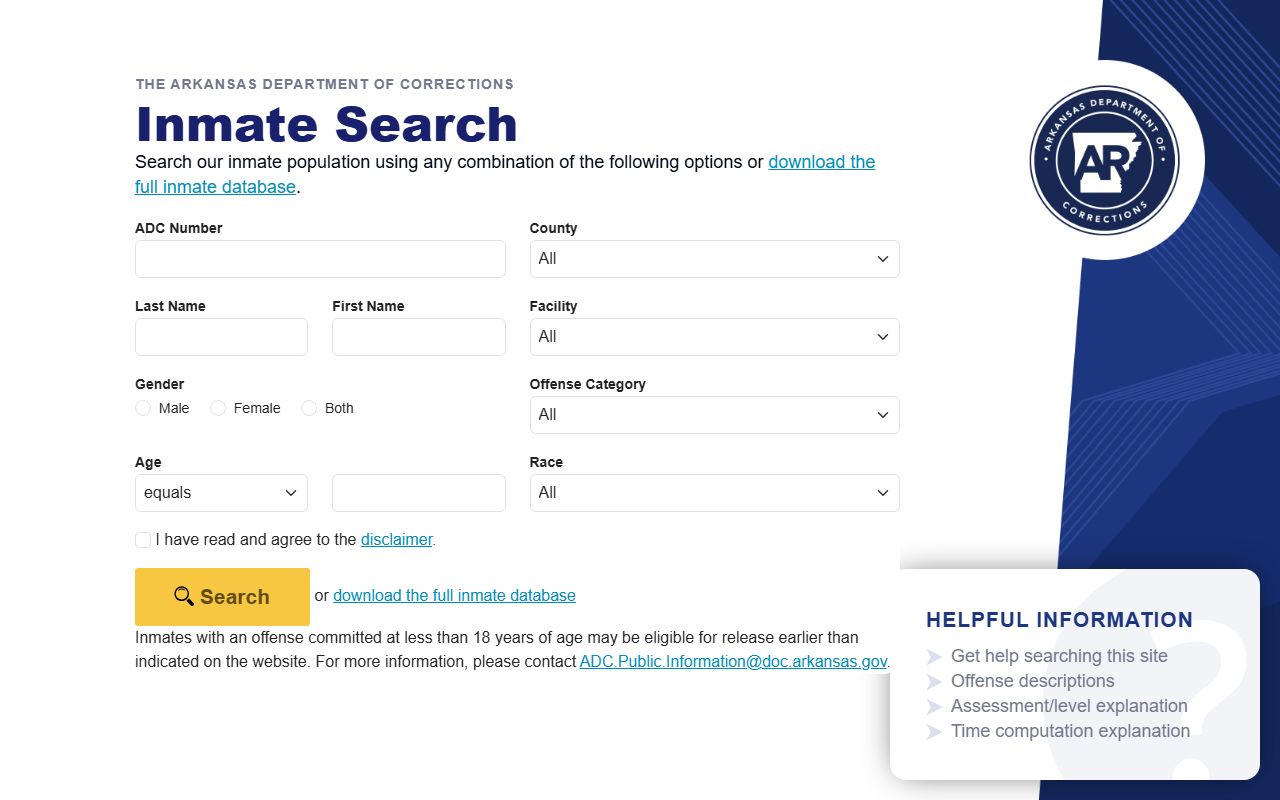 Arkansas DOC inmate locator for Sevier County sentenced prisoners